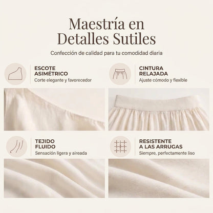 Lía - Conjunto de top de escote palabra de honor y pantalón de pernera amplia