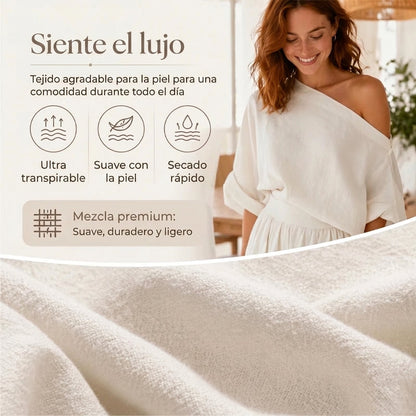 Lía - Conjunto de top de escote palabra de honor y pantalón de pernera amplia