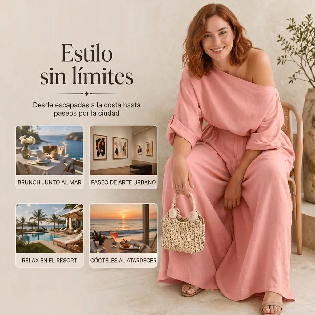 Lía - Conjunto de top de escote palabra de honor y pantalón de pernera amplia
