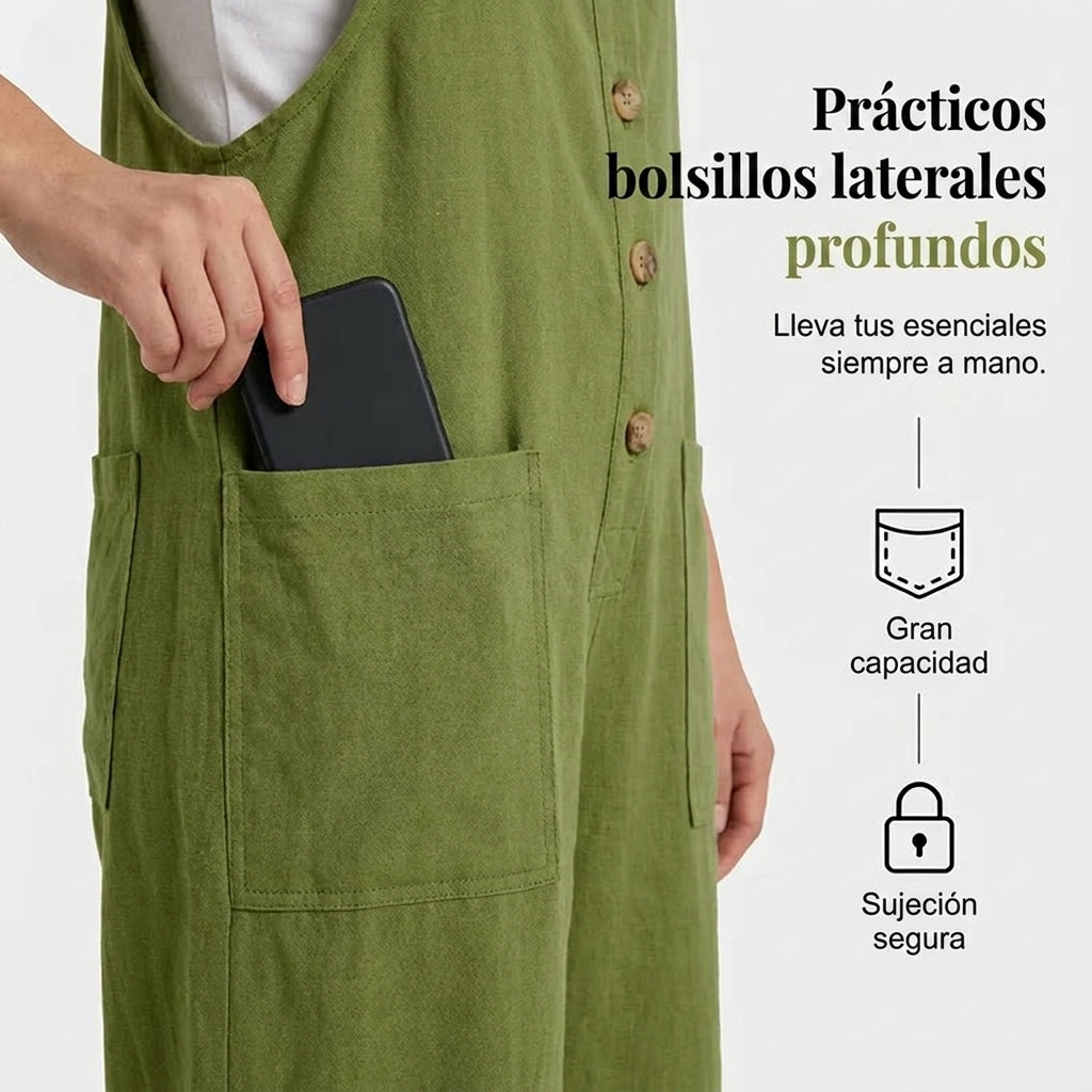 Cleo - Mono de estilo diario de tirantes con botones y ajuste de corte relajado
