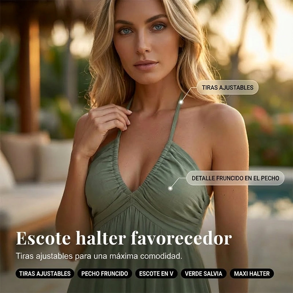 Nerea - Vestido largo con cuello halter y espalda descubierta
