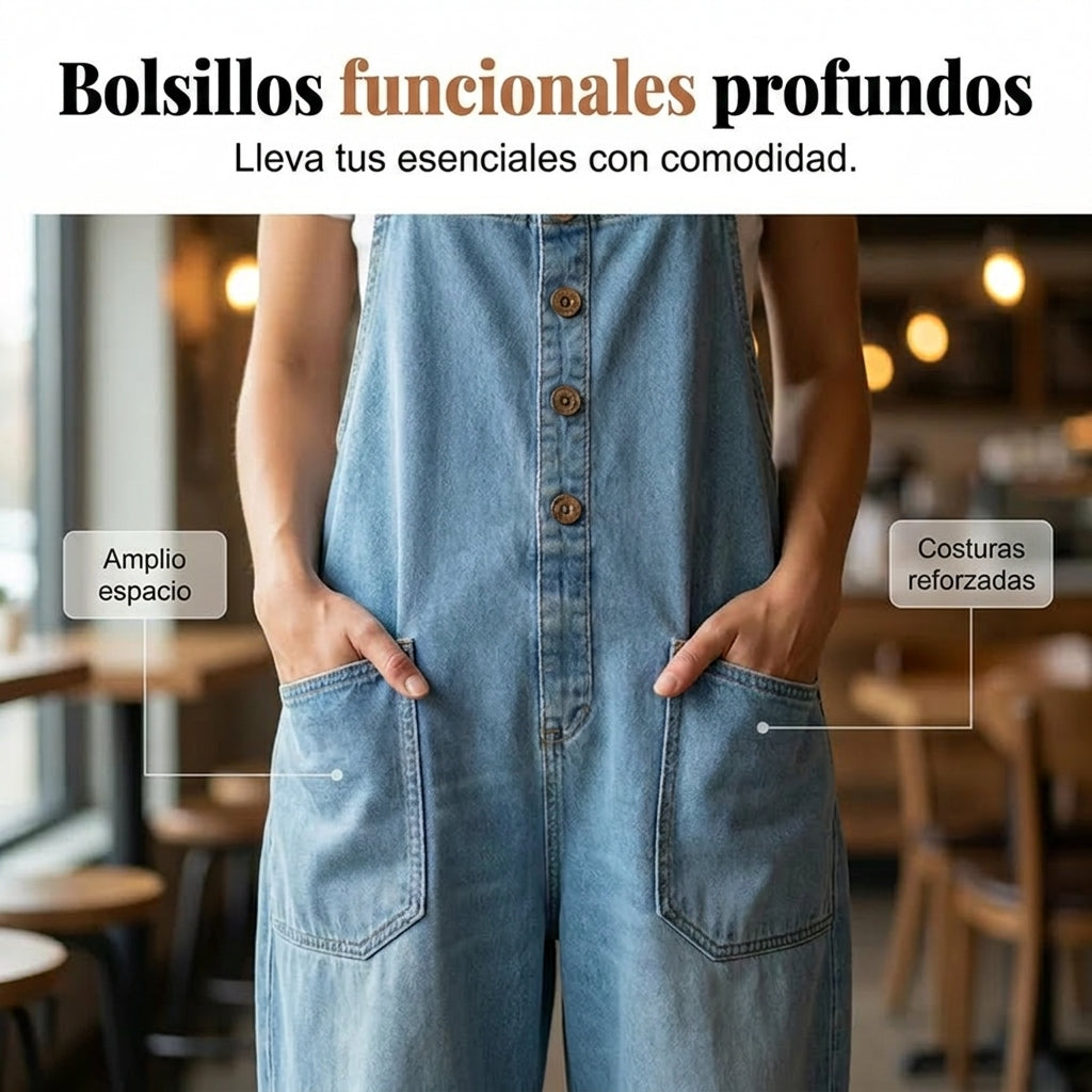 Nuria - Mono denim de corte relajado para mujer con bolsillos
