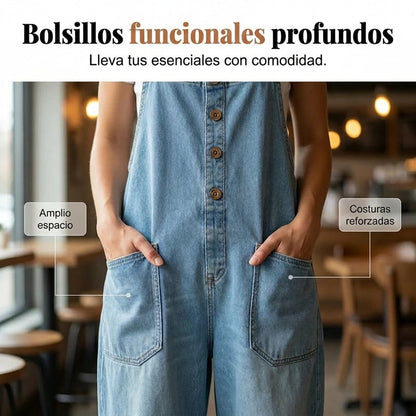 Nuria - Mono denim de corte relajado para mujer con bolsillos