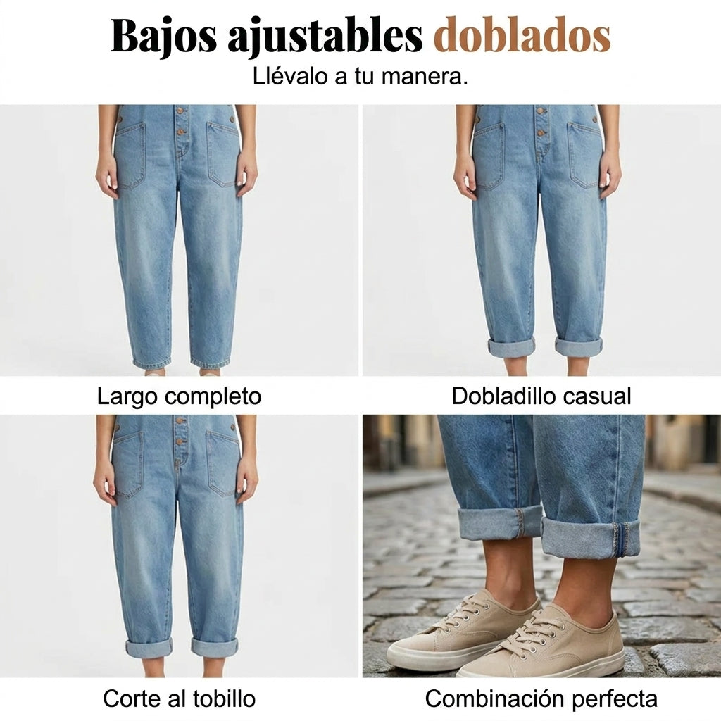 Nuria - Mono denim de corte relajado para mujer con bolsillos
