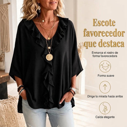 Tania - Blusa de estilo diario con escote de pico y volantes