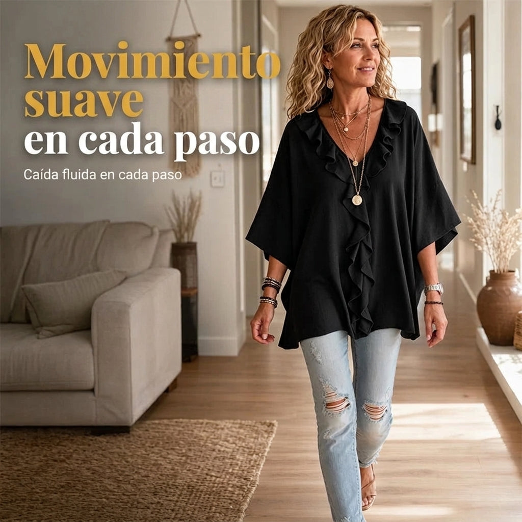Tania - Blusa de estilo diario con escote de pico y volantes
