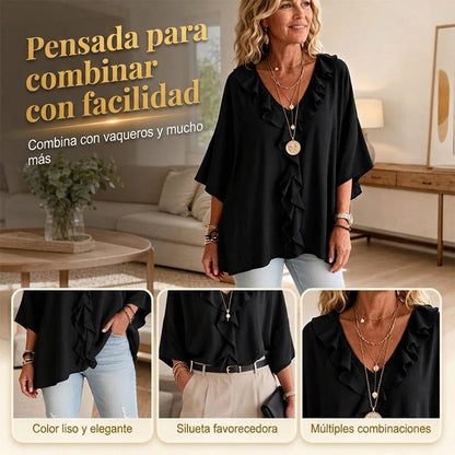 Tania - Blusa de estilo diario con escote de pico y volantes