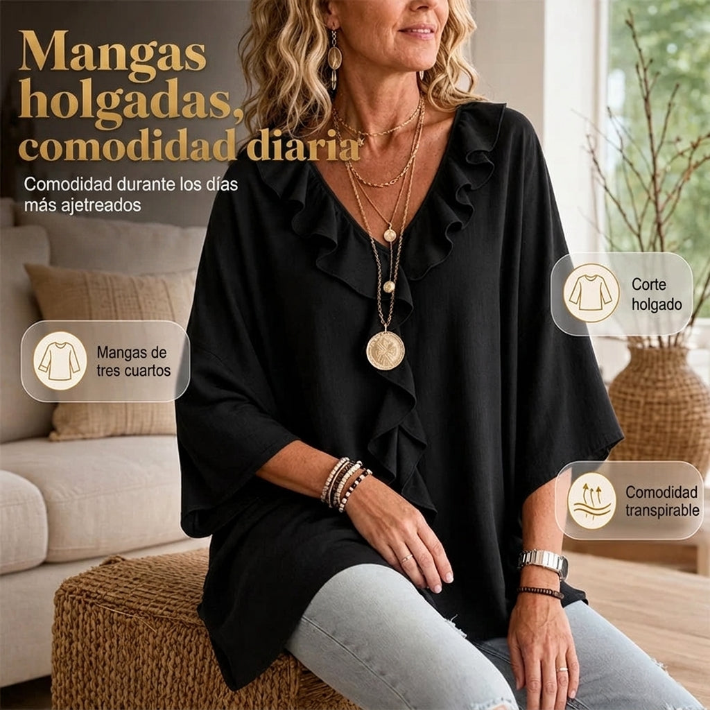 Tania - Blusa de estilo diario con escote de pico y volantes