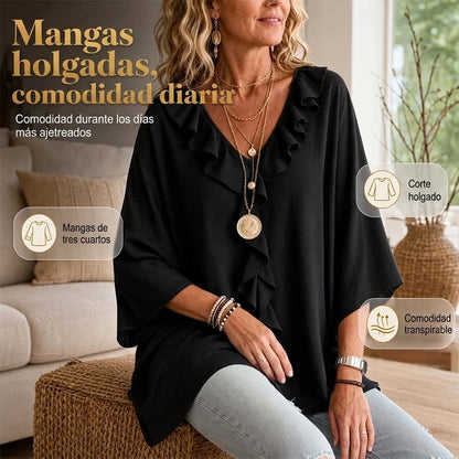 Tania - Blusa de estilo diario con escote de pico y volantes