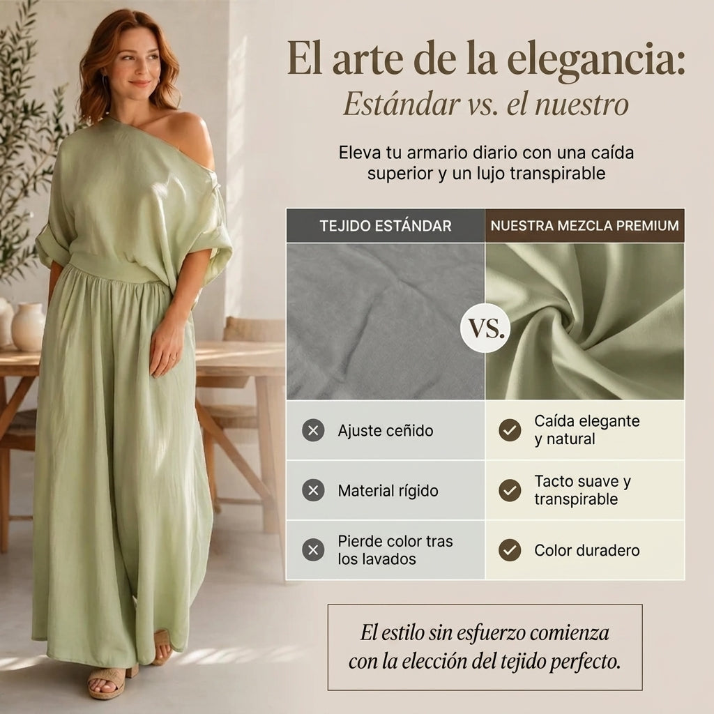 Lía - Conjunto de top de escote palabra de honor y pantalón de pernera amplia