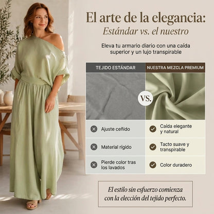 Lía - Conjunto de top de escote palabra de honor y pantalón de pernera amplia