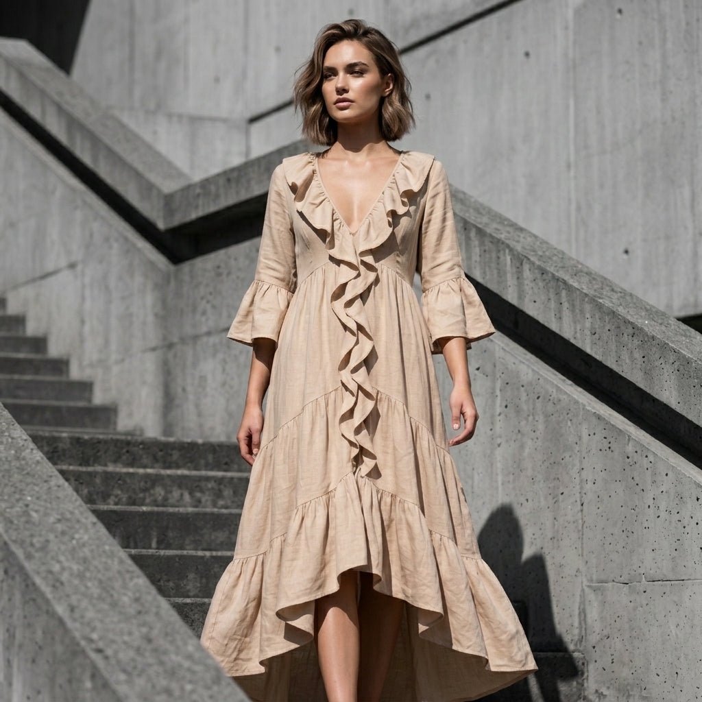 Alma - Vestido de inspiración vintage con detalle de volantes y escote de pico