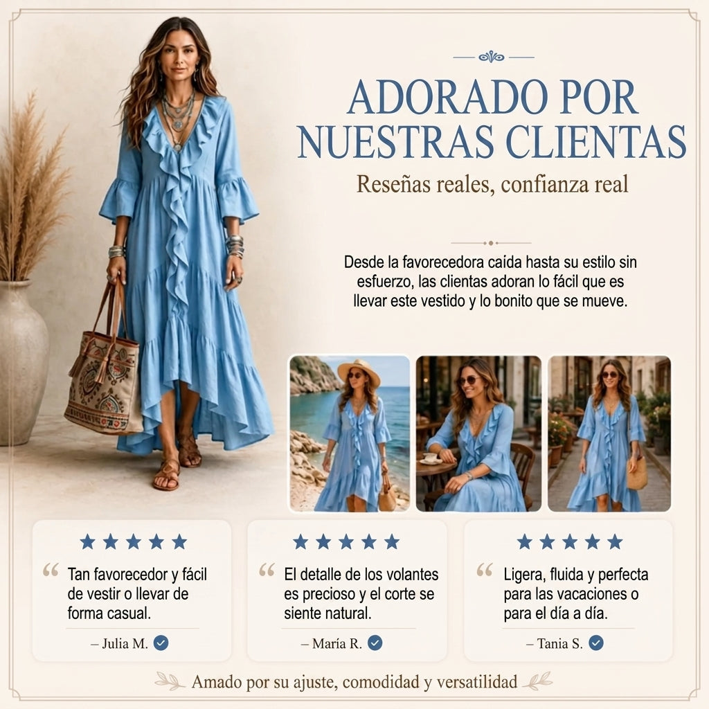 Alma - Vestido de inspiración vintage con detalle de volantes y escote de pico