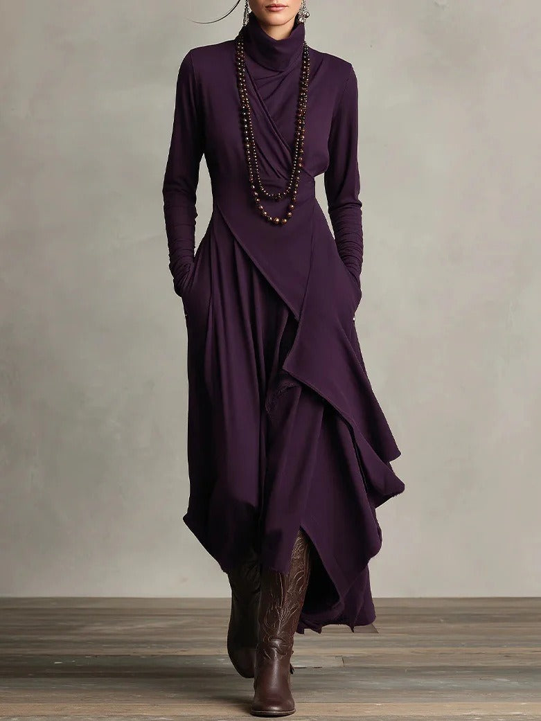 Carlota - Vestido largo elegante con cuello alto y drapeado asimétrico