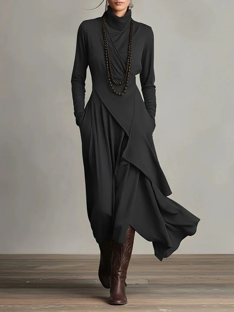 Carlota - Vestido largo elegante con cuello alto y drapeado asimétrico