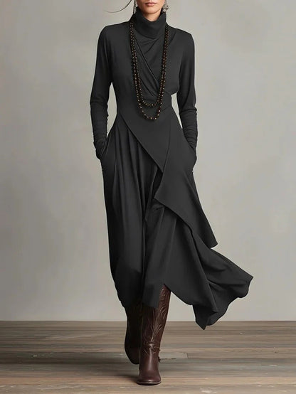 Carlota - Vestido largo elegante con cuello alto y drapeado asimétrico