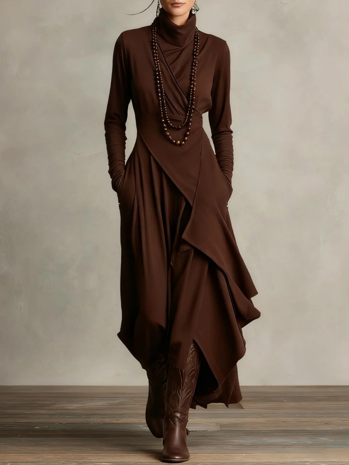 Carlota - Vestido largo elegante con cuello alto y drapeado asimétrico