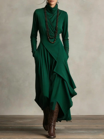 Carlota - Vestido largo elegante con cuello alto y drapeado asimétrico