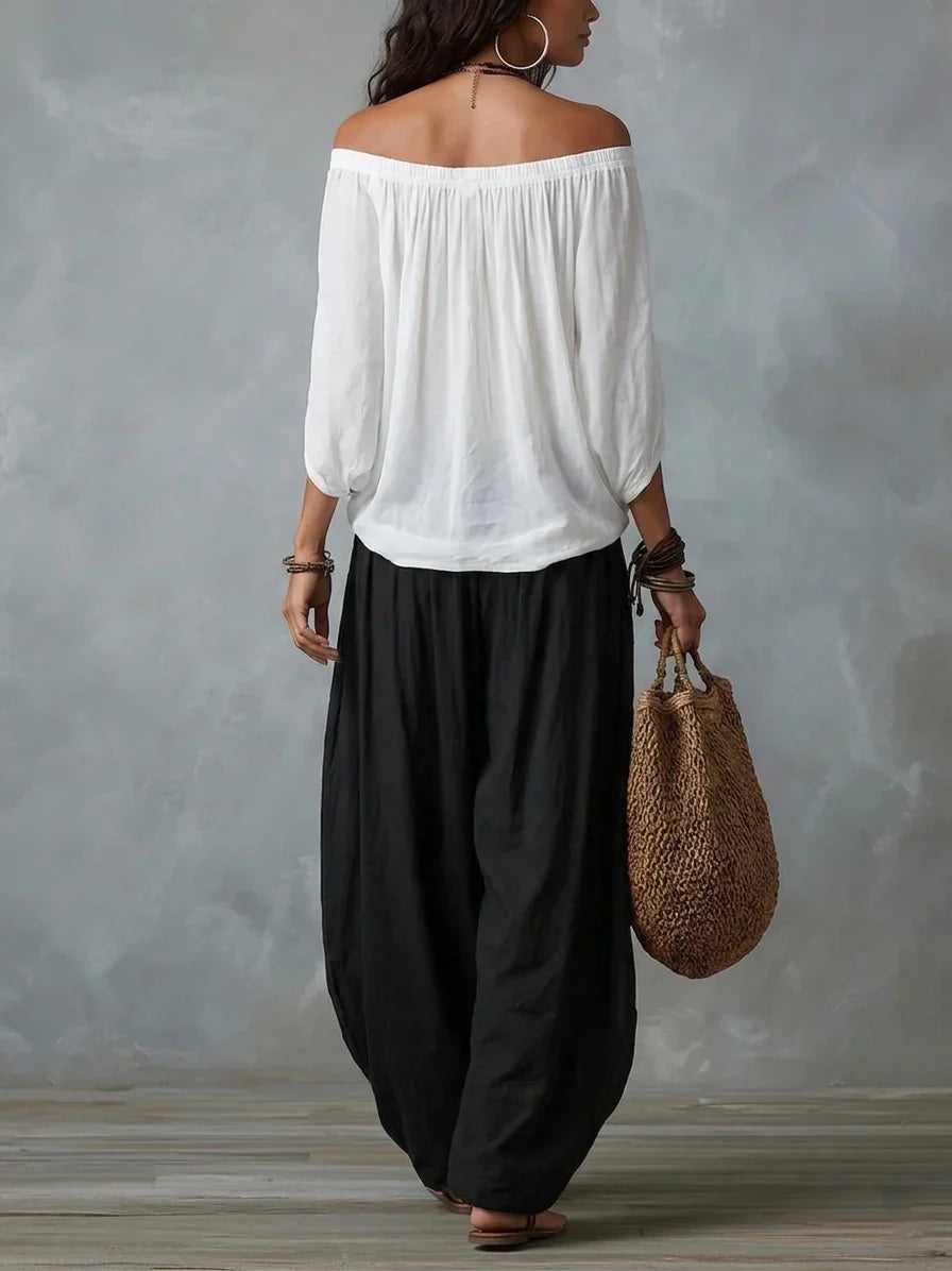Isabella - Conjunto con escote de hombros al aire y Pantalones Estilo Farol