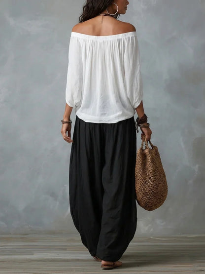 Isabella - Conjunto con escote de hombros al aire y Pantalones Estilo Farol