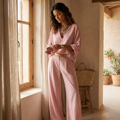 Inés - Conjunto con top de escote de pico y pantalón amplio