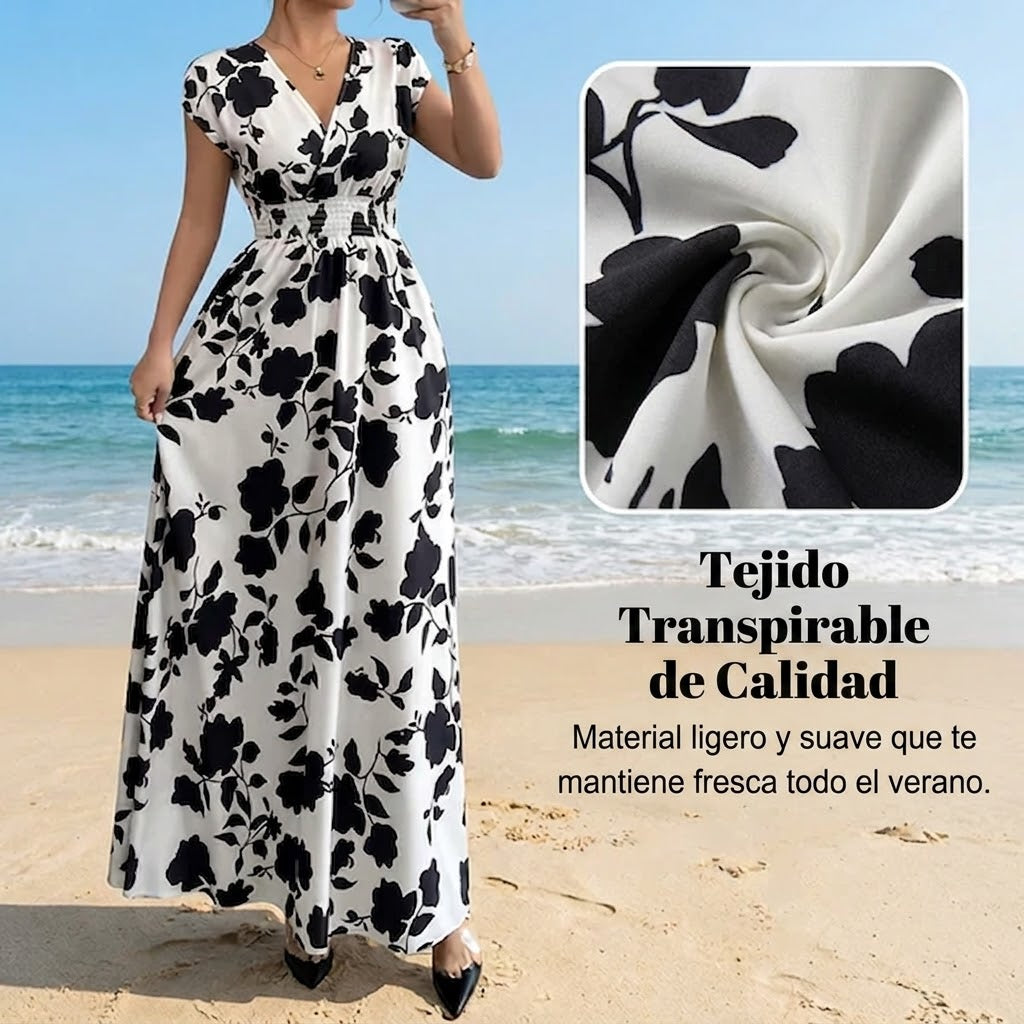 Elena - Vestido floral largo con escote de pico