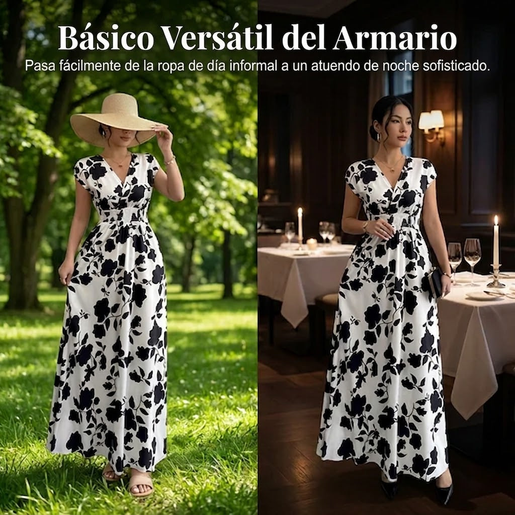 Elena - Vestido floral largo con escote de pico