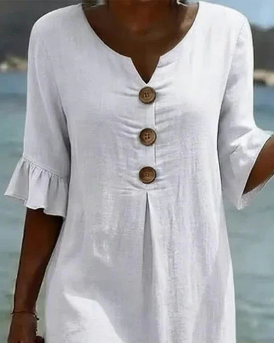 LUNA - Vestido Texturizado con Mangas Abullonadas y Botones