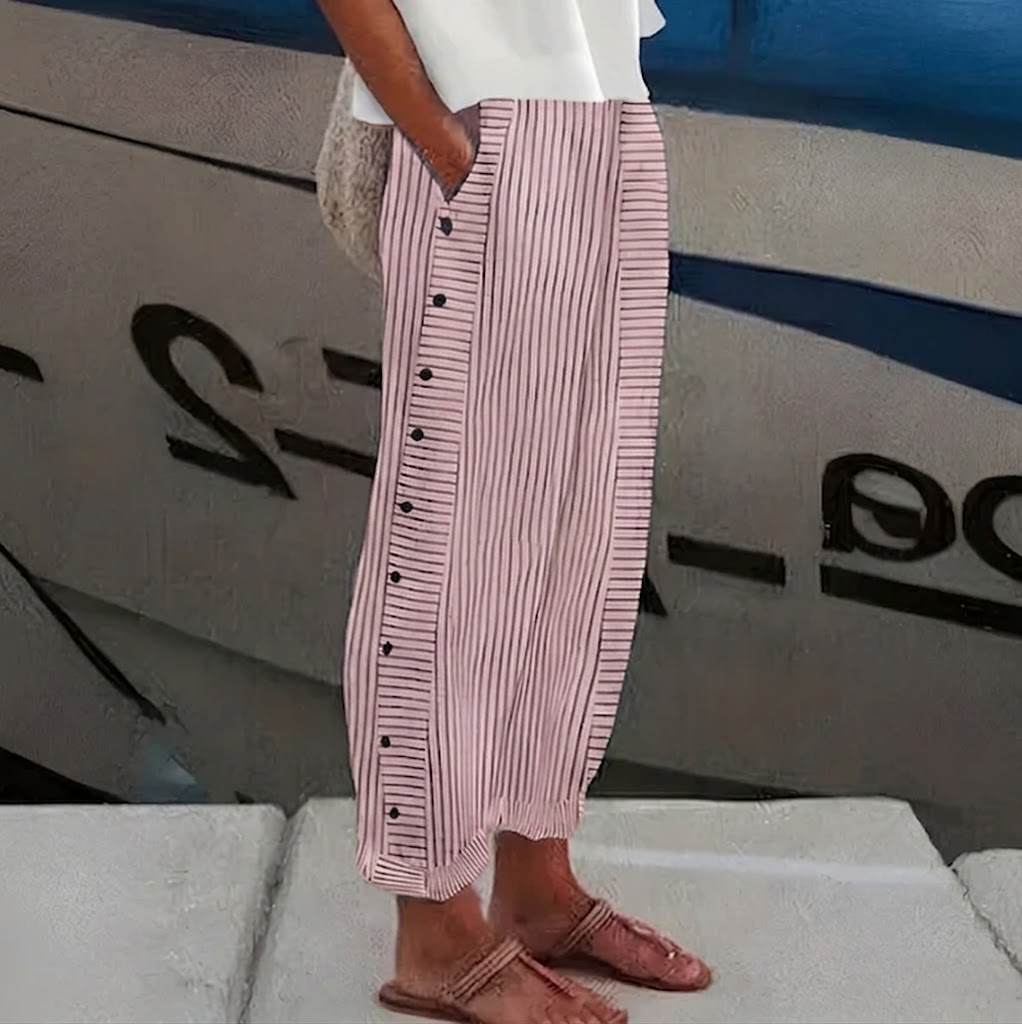 Sofía - Pantalón recto con motivo de rayas con botones laterales