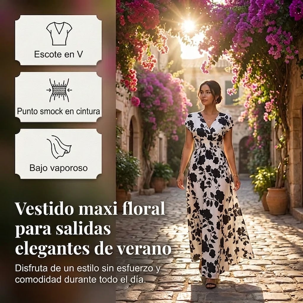 Elena - Vestido floral largo con escote de pico
