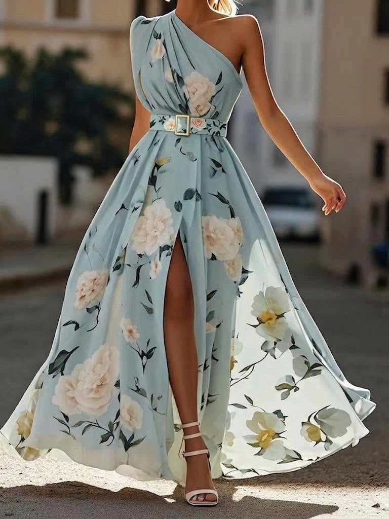 Abril - Vestido largo floral de un solo hombro