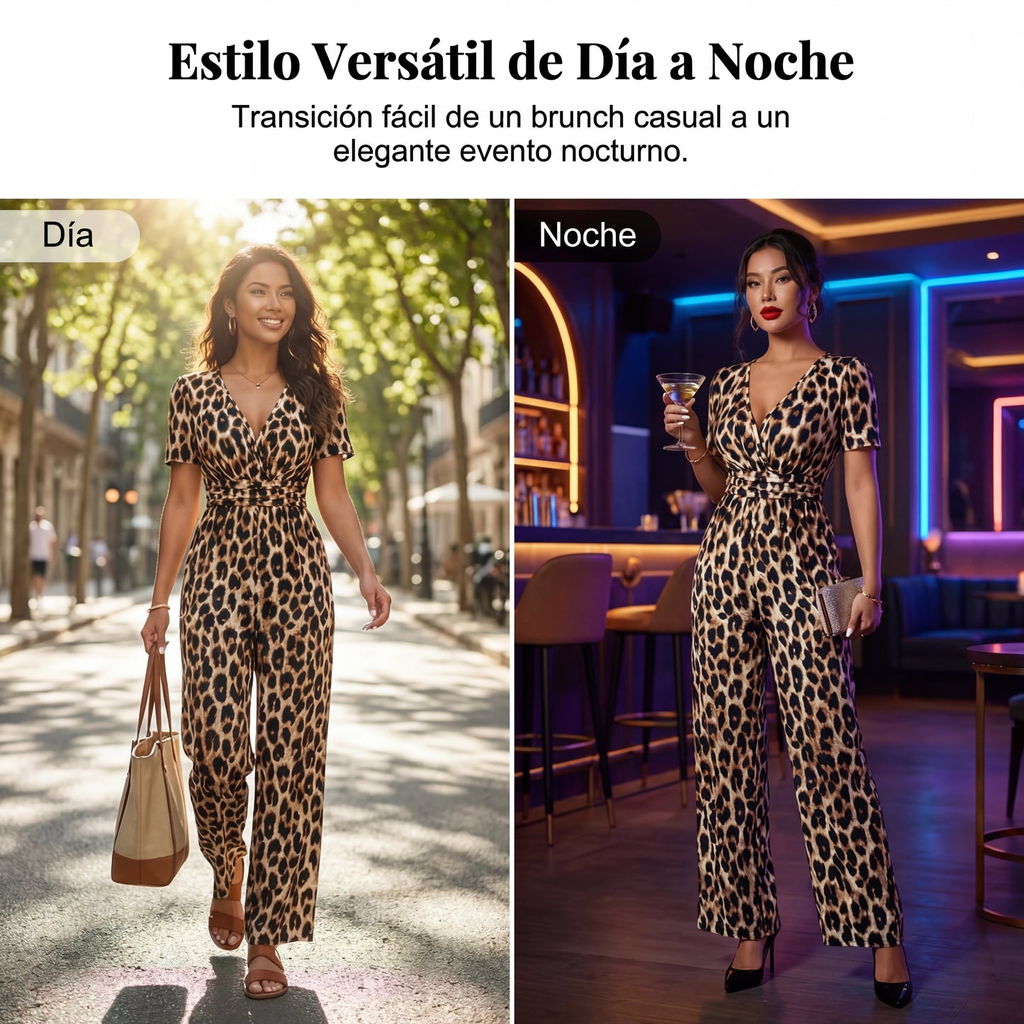 Teresa - Mono de leopardo con escote de pico y pernera amplia