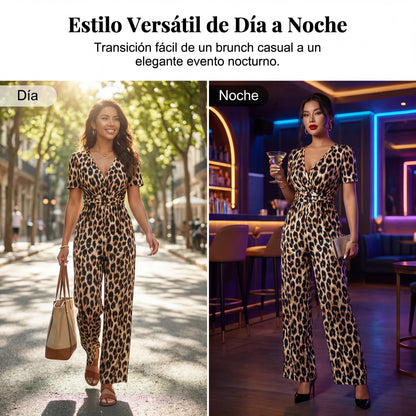 Teresa - Mono de leopardo con escote de pico y pernera amplia
