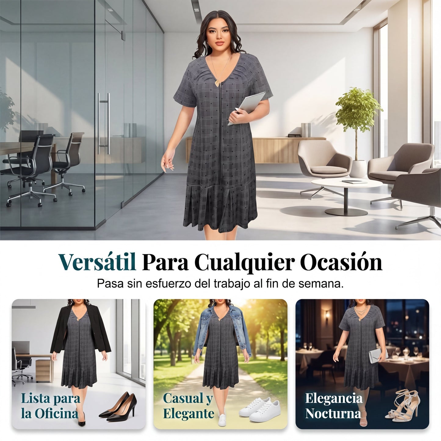 Isabel - Vestido de cuadros con cremallera y bajo de textura plisada