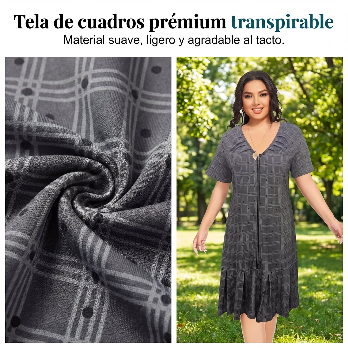 Isabel - Vestido de cuadros con cremallera y bajo de textura plisada