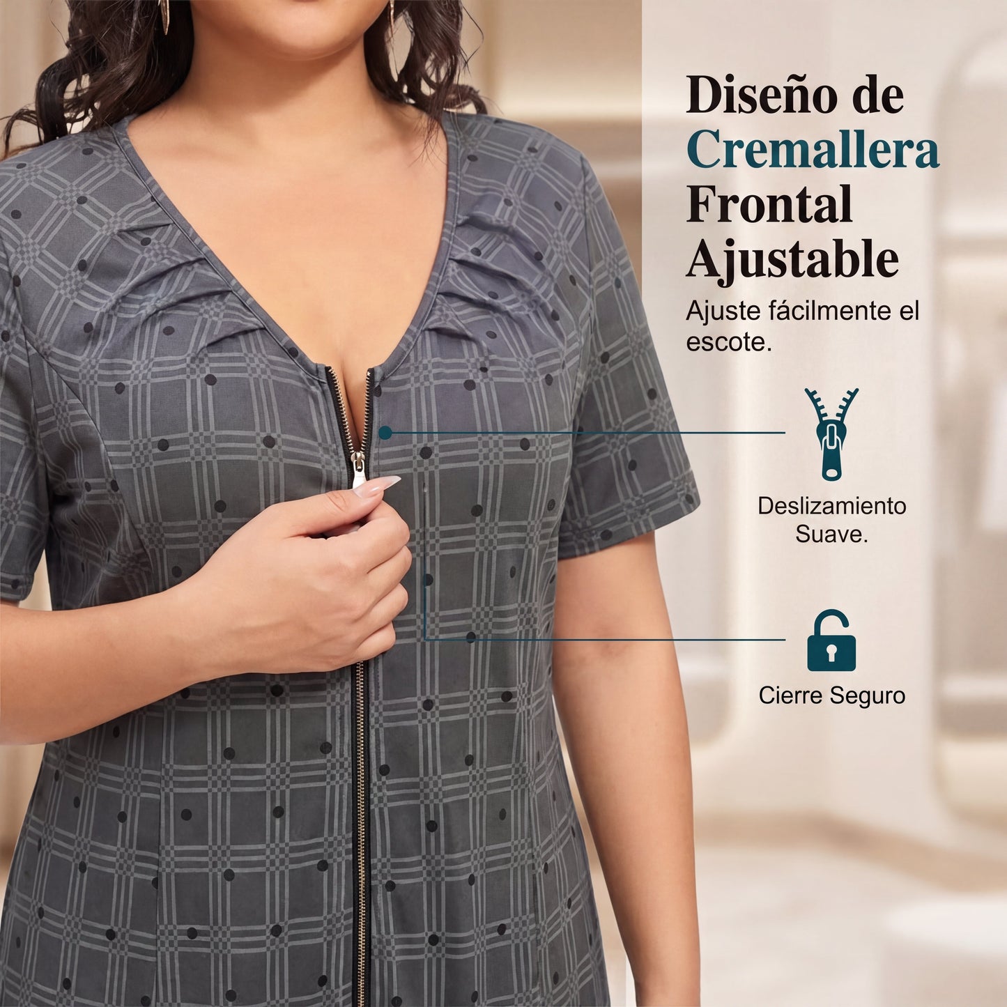 Isabel - Vestido de cuadros con cremallera y bajo de textura plisada