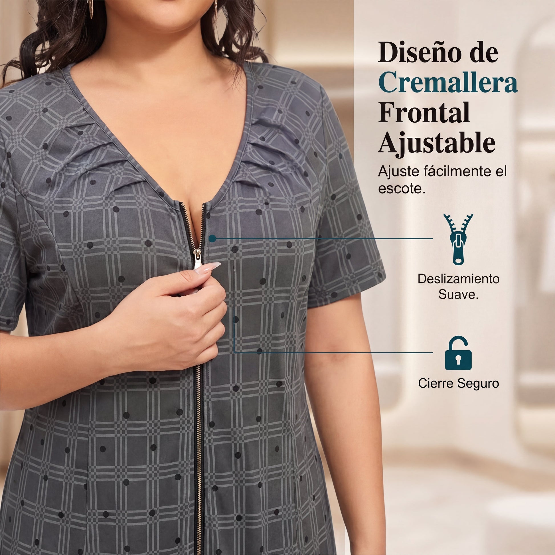 Isabel - Vestido de cuadros con cremallera y bajo de textura plisada