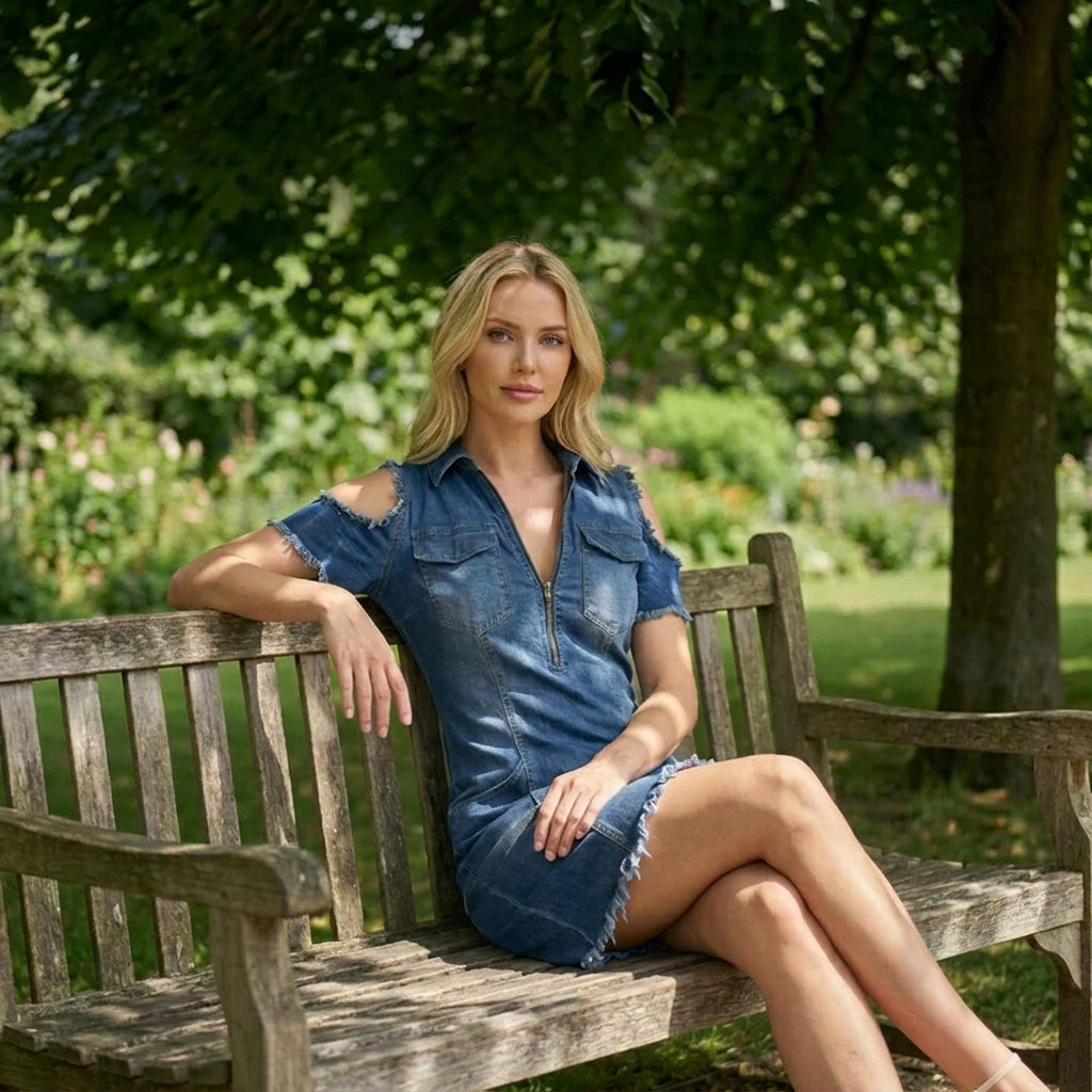 Irene - Vestido denim con escote de pico y escote de hombros al aire