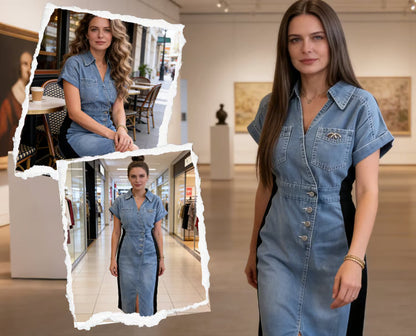 Naira - El vestido efecto estilizador: patchwork denim con paneles laterales