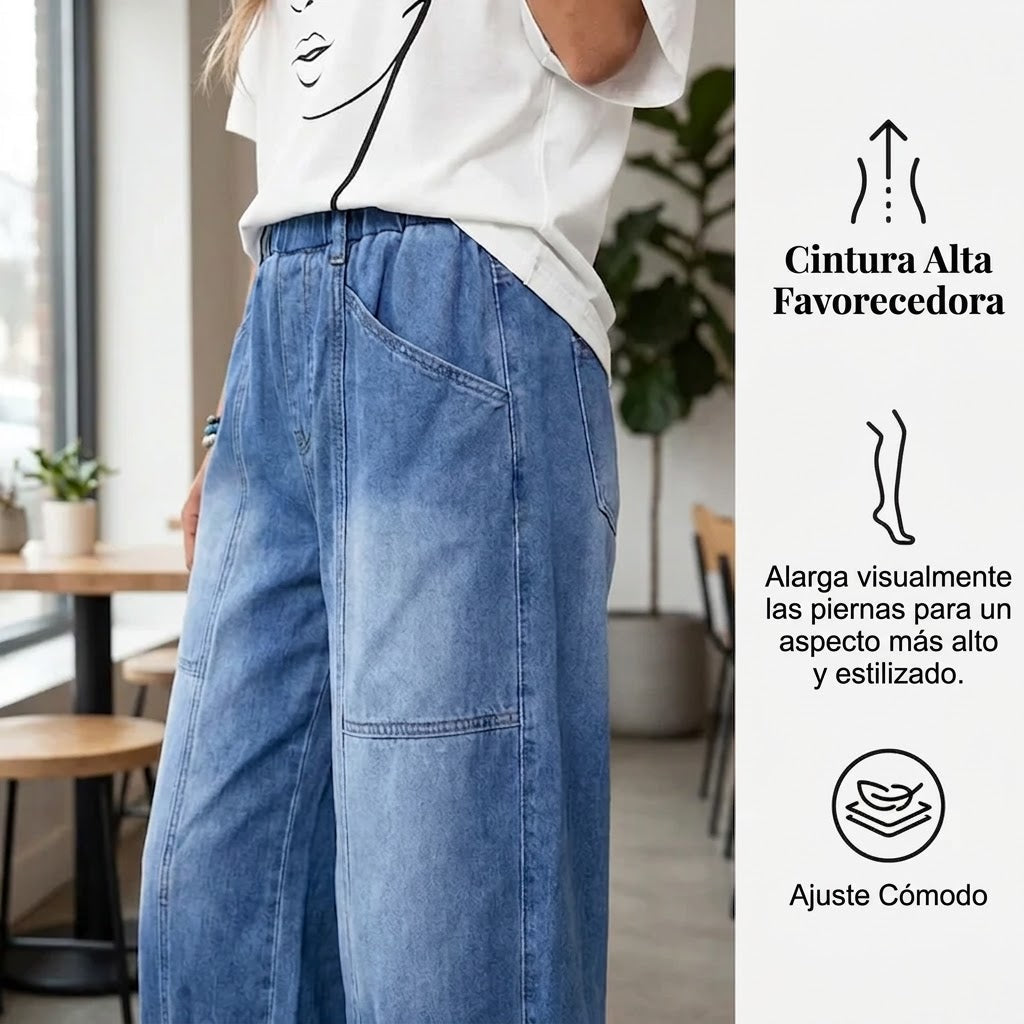 Irene - Vaqueros con cintura elástica y corte cropped de corte relajado