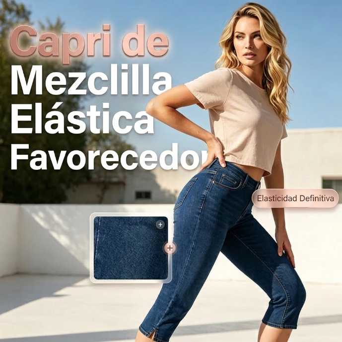 Celira - Pantalón capri denim elástico con abertura lateral