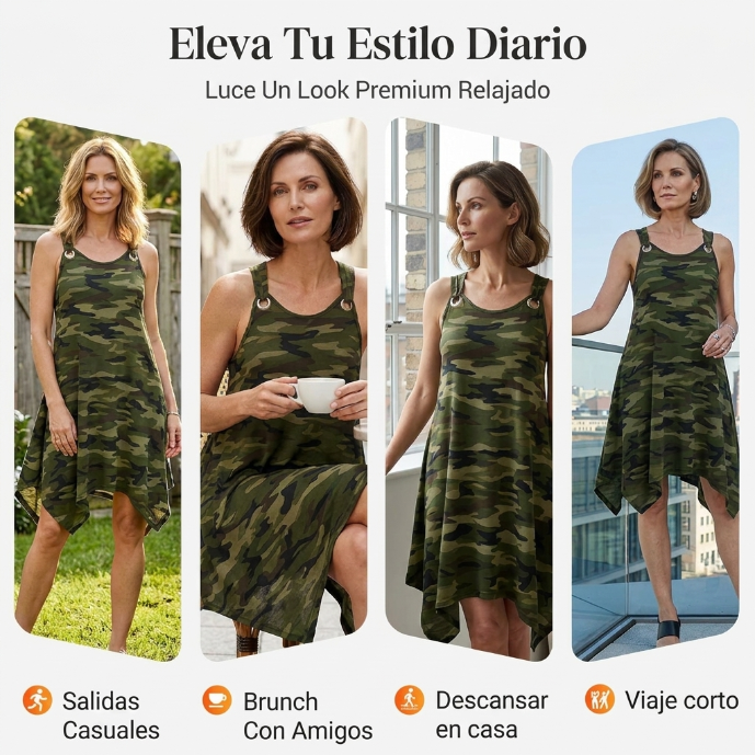 Lara - Vestido de camuflaje con bajo asimétrico