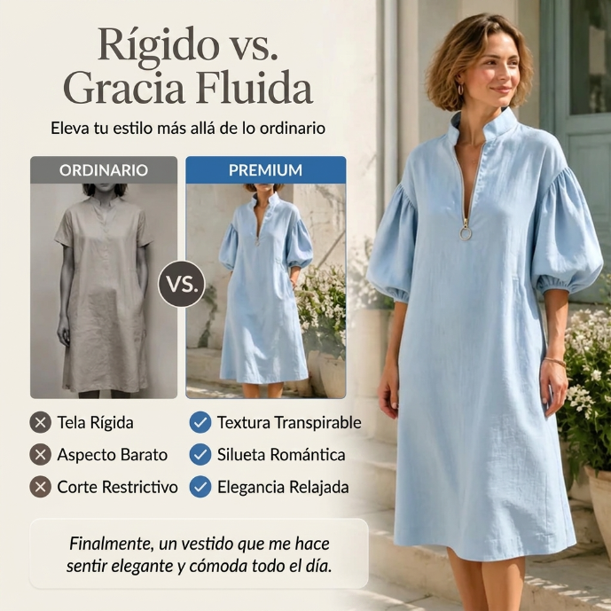 Zafira - Vestido midi con media cremallera y mangas abullonadas