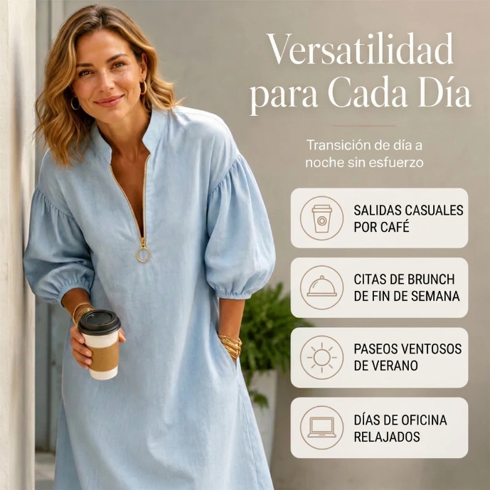 Zafira - Vestido midi con media cremallera y mangas abullonadas