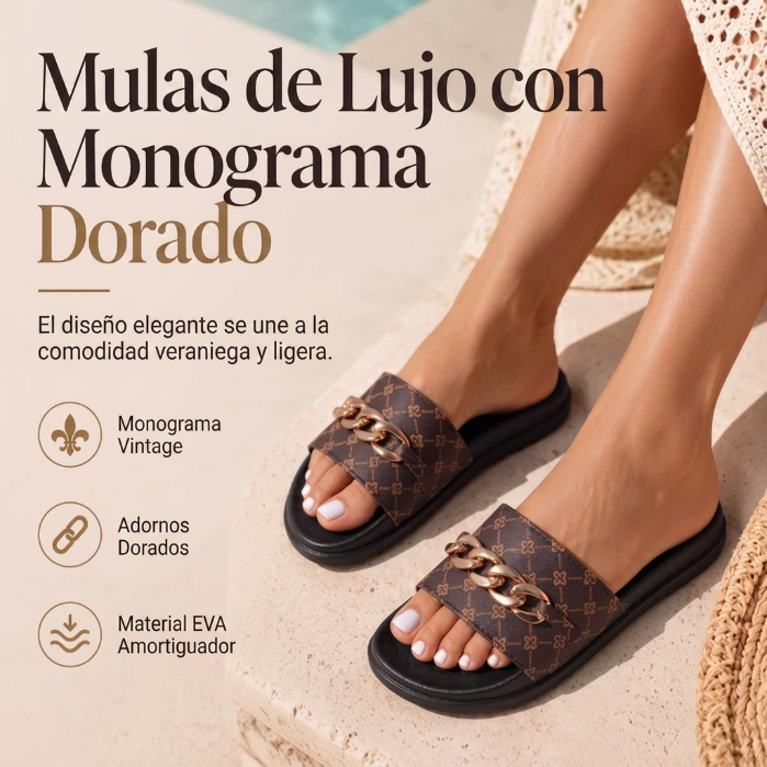 Elena - Sandalias ergonómicas con motivo monograma y adorno de cadena dorada