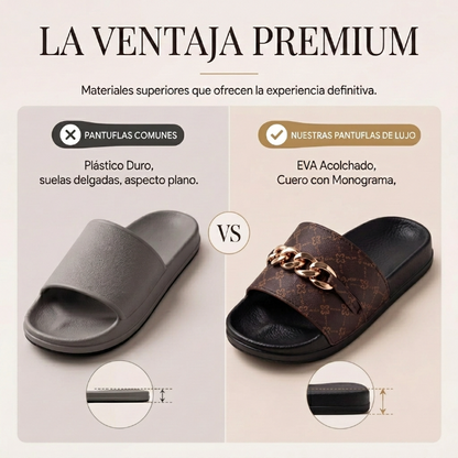 Elena - Sandalias ergonómicas con motivo monograma y adorno de cadena dorada