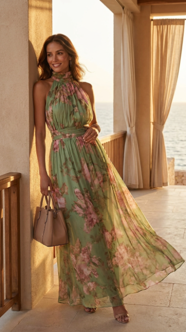 Mónica - Vestido largo elegante de motivo floral