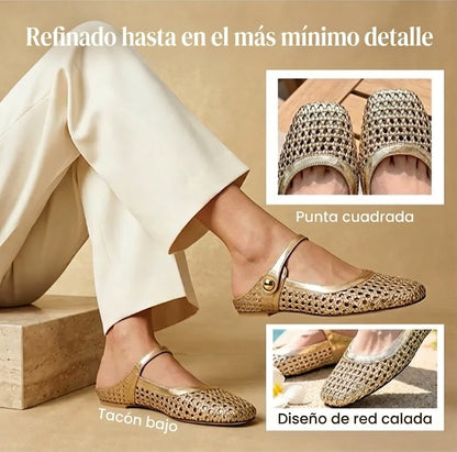 Lucía - Mules de tejido de textura trenzada con punta cuadrada y cierre Mary Jane