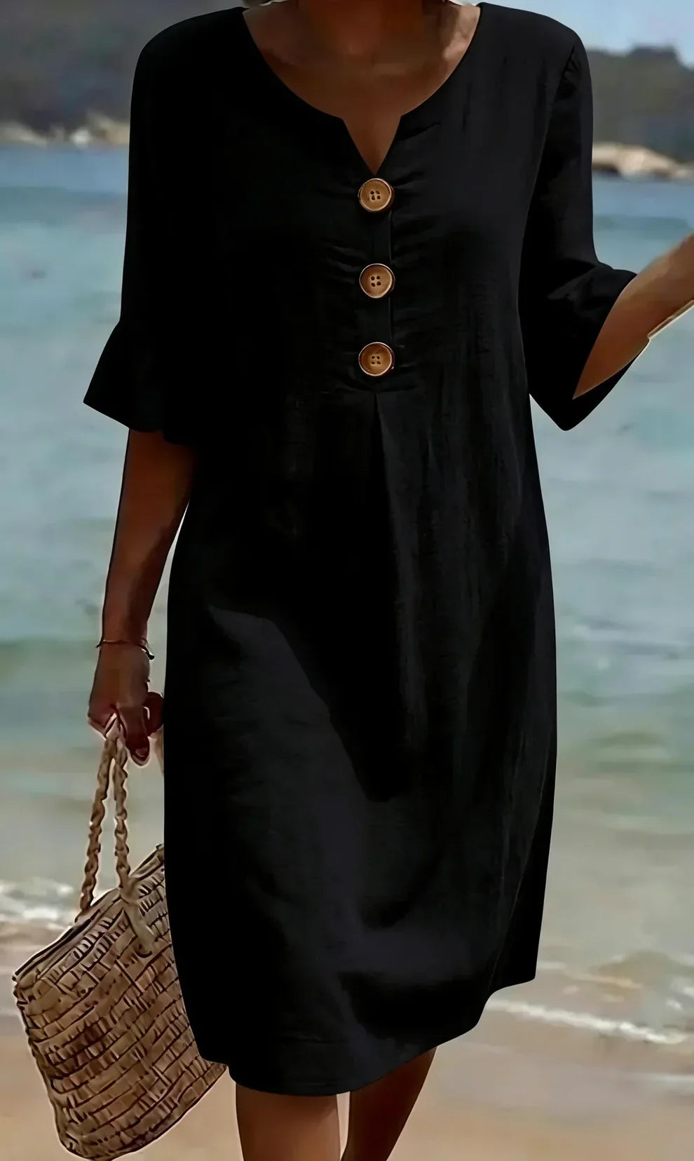 LUNA - Vestido Texturizado con Mangas Abullonadas y Botones