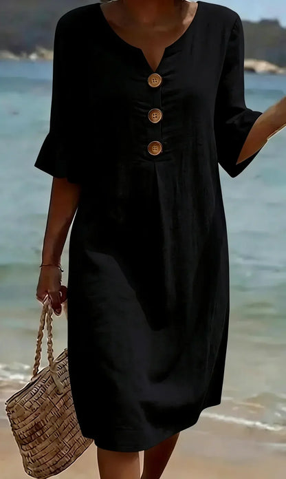 LUNA - Vestido Texturizado con Mangas Abullonadas y Botones